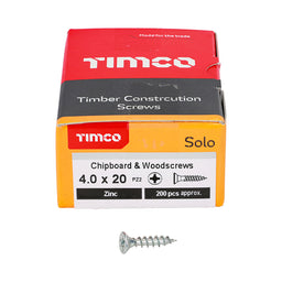 TIMCO Solo Countersunk Silver Woodscrews - 4.0 x 20 (200pcs)