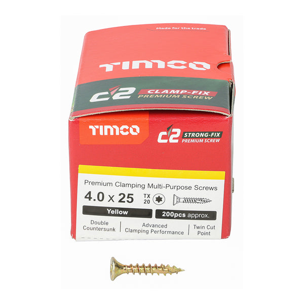 TIMCO C2 Clamp-Fix Multi-Purpose Premium Countersunk Gold Woodscrews - 4.0 x 25 (200pcs)