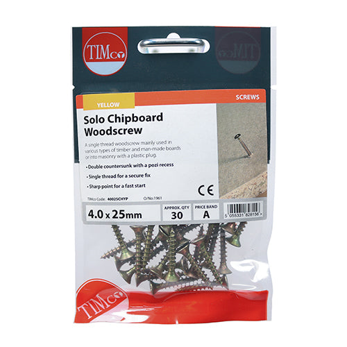 TIMCO Solo Countersunk Gold Woodscrews - 4.0 x 25 (30pcs)