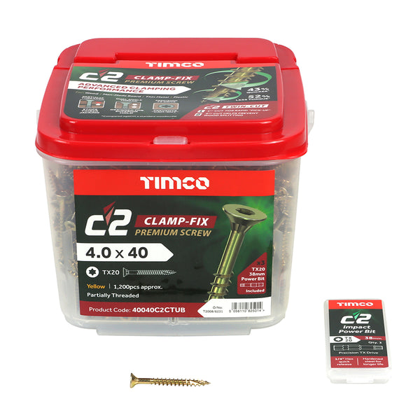 TIMCO C2 Clamp-Fix Multi-Purpose Premium Countersunk Gold Woodscrews - 4.0 x 40 (1200pcs)