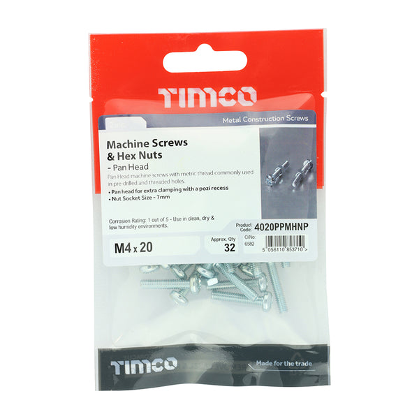 TIMCO Machine Pan Head Screws & Hex Nut Silver - M4 x 20 (32pcs)