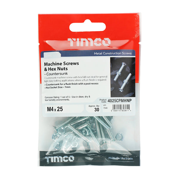 TIMCO Machine Countersunk Screws & Hex Nut Silver - M4 x 25 (30pcs)