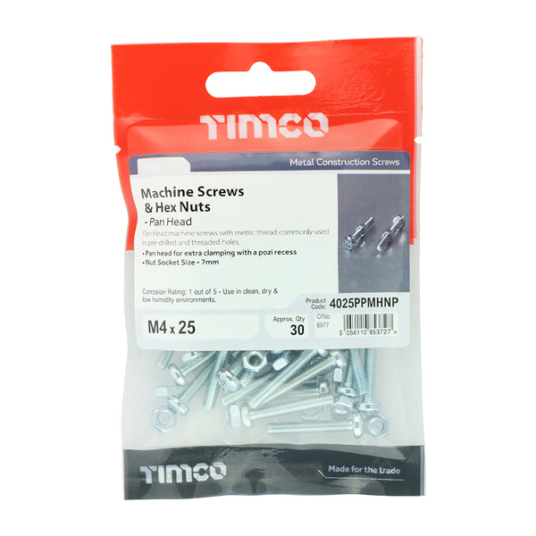 TIMCO Machine Pan Head Screws & Hex Nut Silver - M4 x 25 (30pcs)