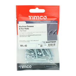 TIMCO Machine Pan Head Screws & Hex Nut Silver - M4 x 40 (20pcs)