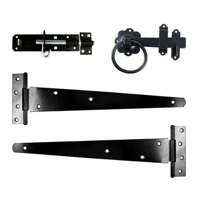 TIMCO Side Gate Kit Medium Tee Hinges Ring Latch & Brenton Padbolt Black - 18