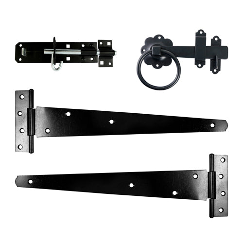 TIMCO Side Gate Kit Medium Tee Hinges Ring Latch & Brenton Padbolt Black - 18