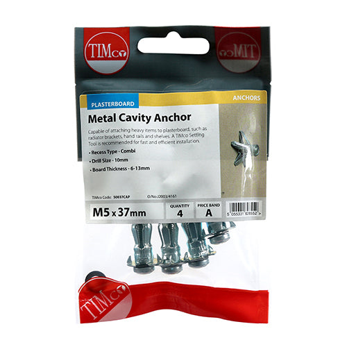 TIMCO Metal Cavity Anchors Silver - M5 x 37 (45mm Screw) (4pcs)