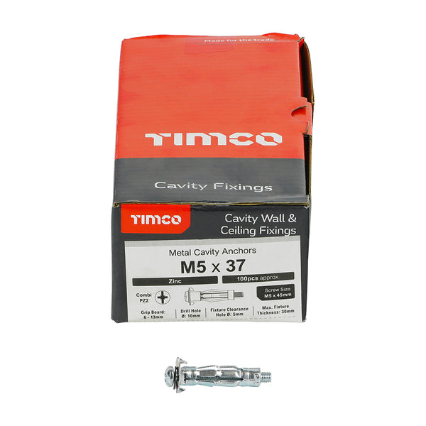 TIMCO Metal Cavity Anchors Silver - M5 x 37 (45mm Screw) (100pcs)