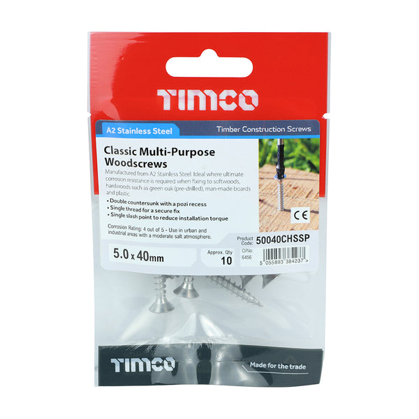 TIMCO Classic Multi-Purpose Countersunk A2 Stainless Steel Woodcrews - 5.0 x 40 (10pcs)
