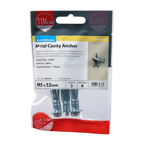 TIMCO Metal Cavity Anchors Silver - M5 x 52 (60mm Screw) (3pcs)