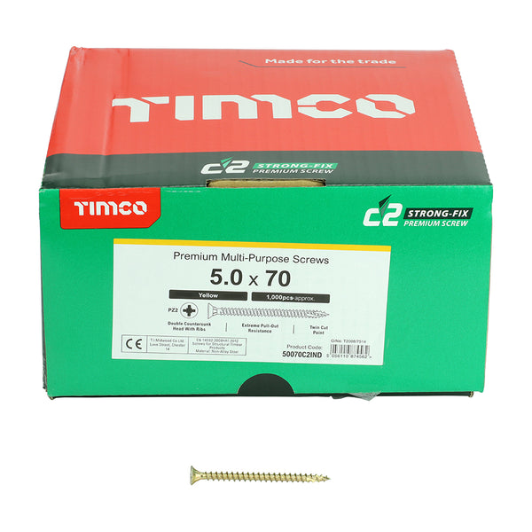 TIMCO C2 Strong-Fix Multi-Purpose Premium Countersunk Gold Woodscrews - 5.0 x 70 (1000pcs)