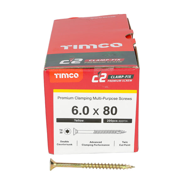 TIMCO C2 Clamp-Fix Multi-Purpose Premium Countersunk Gold Woodscrews - 6.0 x 80 (200pcs)