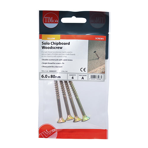 TIMCO Solo Countersunk Gold Woodscrews - 6.0 x 80 (4pcs)