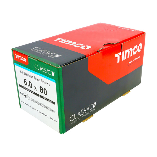 TIMCO Classic Multi-Purpose Countersunk A4 Stainless Steel Woodcrews - 6.0 x 80 (200pcs)