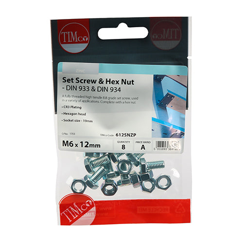 TIMCO Set Screws DIN933 Grade 8.8 & Hex Nut DIN934 Silver - M6 x 12 (8pcs)