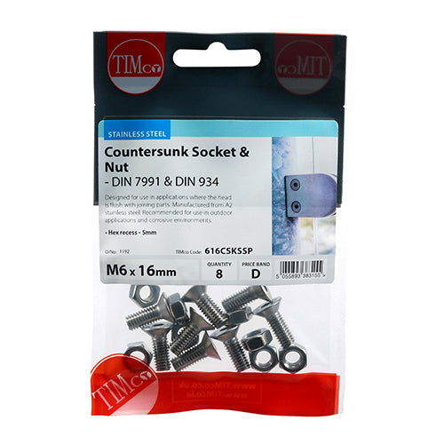 TIMCO Countersunk Socket Screws DIN7991 A2 Stainless Steel - M6 x 16 (8pcs)