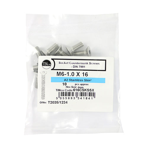 TIMCO Countersunk Socket Screws DIN7991 A2 Stainless Steel - M6 x 16 (10pcs)