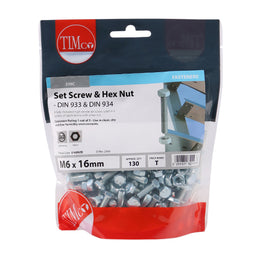 TIMCO Set Screws DIN933 Grade 8.8 & Hex Nut DIN934 Silver - M6 x 16 (130pcs)