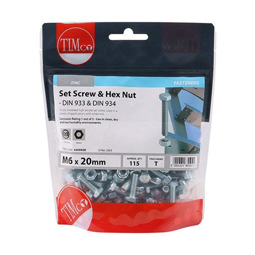 TIMCO Set Screws DIN933 Grade 8.8 & Hex Nut DIN934 Silver - M6 x 20 (115pcs)