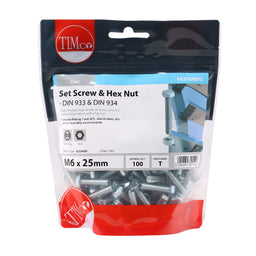 TIMCO Set Screws DIN933 Grade 8.8 & Hex Nut DIN934 Silver - M6 x 25 (100pcs)