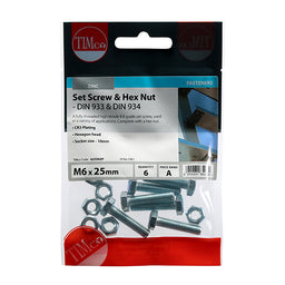 TIMCO Set Screws DIN933 Grade 8.8 & Hex Nut DIN934 Silver - M6 x 25 (6pcs)