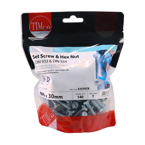 TIMCO Set Screws DIN933 Grade 8.8 & Hex Nut DIN934 Silver - M6 x 30 (140pcs)