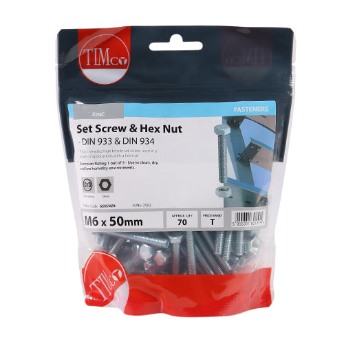 TIMCO Set Screws DIN933 Grade 8.8 & Hex Nut DIN934 Silver - M6 x 50 (70pcs)