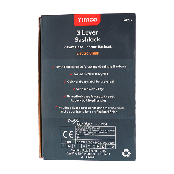 TIMCO 3 Lever Electro Brass Mortice Sashlock 78mm Case 58mm Backset