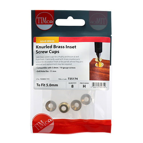 TIMCO Knurled Brass Inset Screw Cup - To fit 4.8, 5.0 Screw (8pcs)