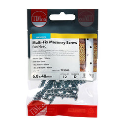 TIMCO Masonry Screws Pan Head Silver - 6.0 x 40 (12pcs)