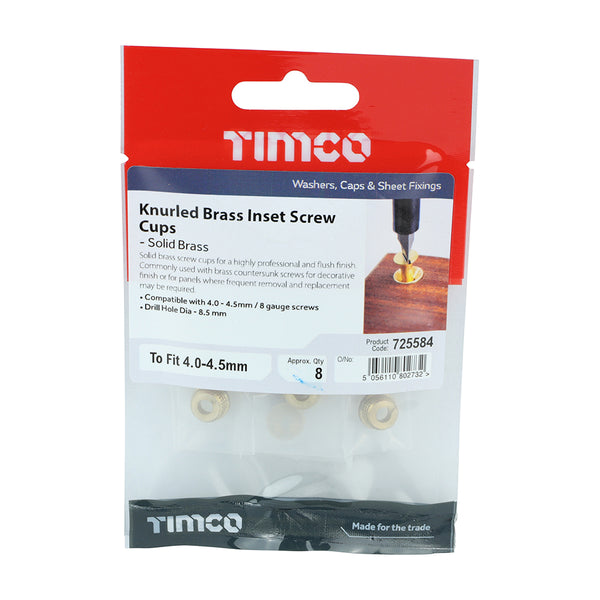 TIMCO Knurled Brass Inset Screw Cup - To fit 4.0, 4.2, 4.5 Screw (8pcs)