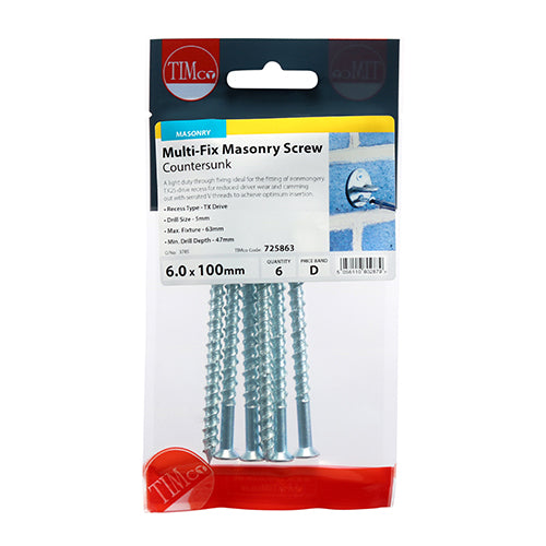 TIMCO Masonry Screws Countersunk Silver - 6.0 x 100 (6pcs)