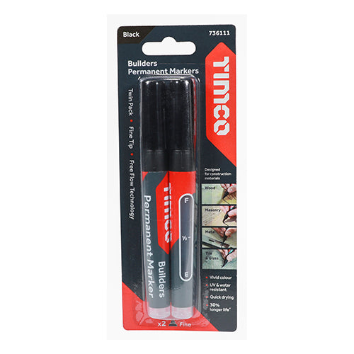 TIMCO Builders Permanent Markers Twin Pack Fine Tip Black - Fine Tip (2pcs)