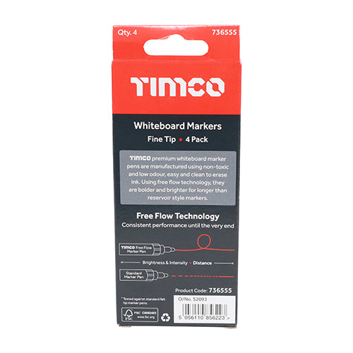 TIMCO Whiteboard Markers Fine Tip Mixed Colours - Fine Tip Four Pack (4pcs)