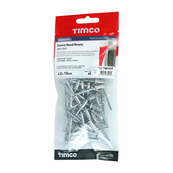 TIMCO Rivets Dome Head Aluminium - 4.8 x 10 (48pcs)