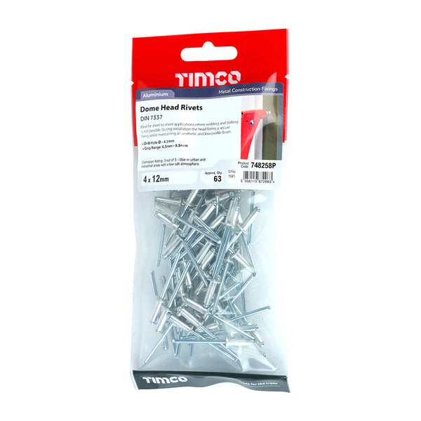 TIMCO Rivets Dome Head Aluminium - 4.0 x 12 (63pcs)