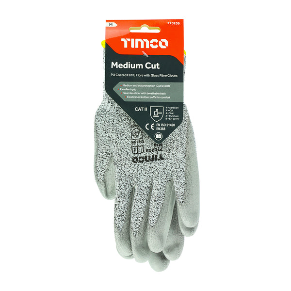 TIMCO Medium Cut PU Coated HPPE Fibre with Glass Fibre Gloves - Medium