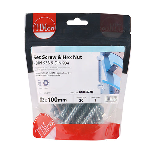 TIMCO Set Screws DIN933 Grade 8.8 & Hex Nut DIN934 Silver - M8 x 100 (20pcs)