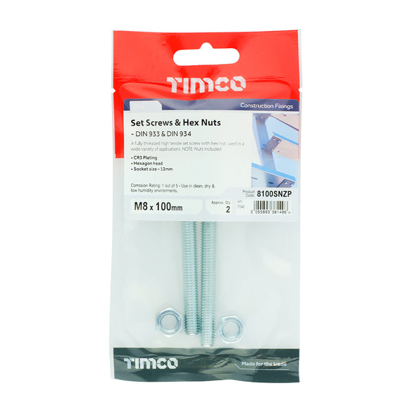 TIMCO Set Screws DIN933 Grade 8.8 & Hex Nut DIN934 Silver - M8 x 100 (2pcs)