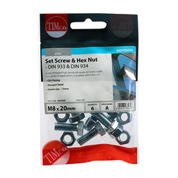 TIMCO Set Screws DIN933 Grade 8.8 & Hex Nut DIN934 Silver - M8 x 20 (6pcs)