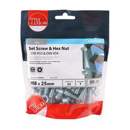 TIMCO Set Screws DIN933 Grade 8.8 & Hex Nut DIN934 Silver - M8 x 25 (55pcs)