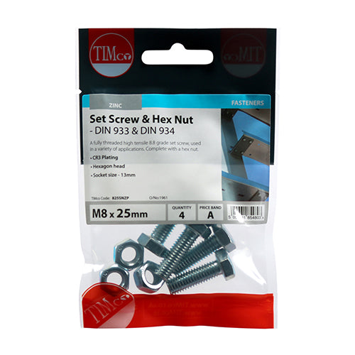 TIMCO Set Screws DIN933 Grade 8.8 & Hex Nut DIN934 Silver - M8 x 25 (4pcs)