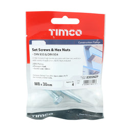 TIMCO Set Screws DIN933 Grade 8.8 & Hex Nut DIN934 Silver - M8 x 30 (4pcs)