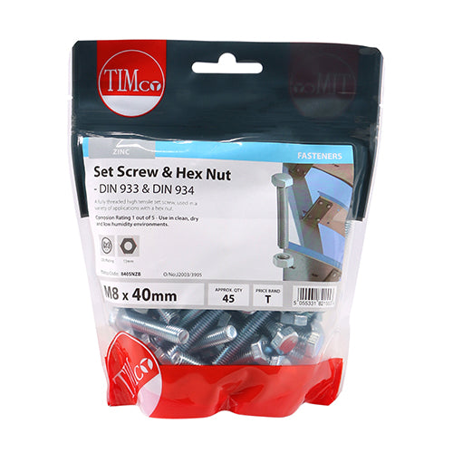 TIMCO Set Screws DIN933 Grade 8.8 & Hex Nut DIN934 Silver - M8 x 40 (45pcs)