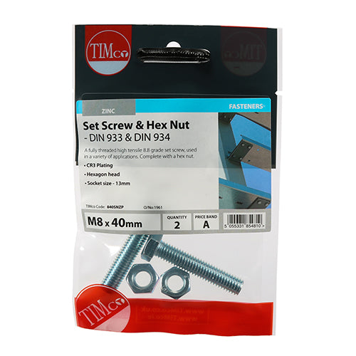 TIMCO Set Screws DIN933 Grade 8.8 & Hex Nut DIN934 Silver - M8 x 40 (2pcs)