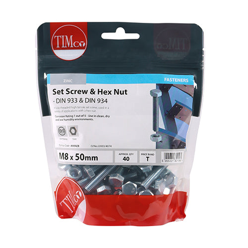 TIMCO Set Screws DIN933 Grade 8.8 & Hex Nut DIN934 Silver - M8 x 50 (40pcs)