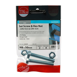 TIMCO Set Screws DIN933 Grade 8.8 & Hex Nut DIN934 Silver - M8 x 50 (2pcs)