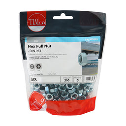 TIMCO Hex Full Nuts DIN934 Silver - M8 (300pcs)