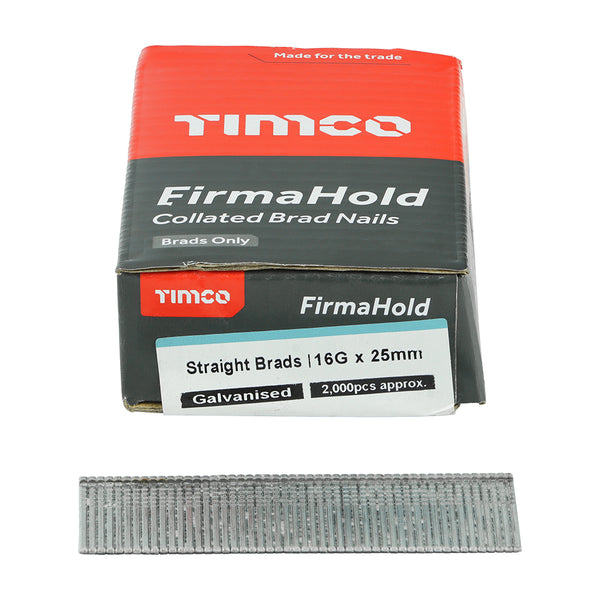 TIMCO FirmaHold Collated 16 Gauge Straight Galvanised Brad Nails - 16g x 25 (2000pcs)