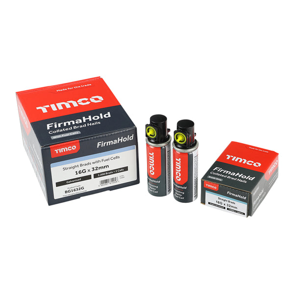 TIMCO FirmaHold Collated 16 Gauge Straight Galvanised Brad Nails & Fuel Cells - 16g x 32/2BFC (2000pcs)